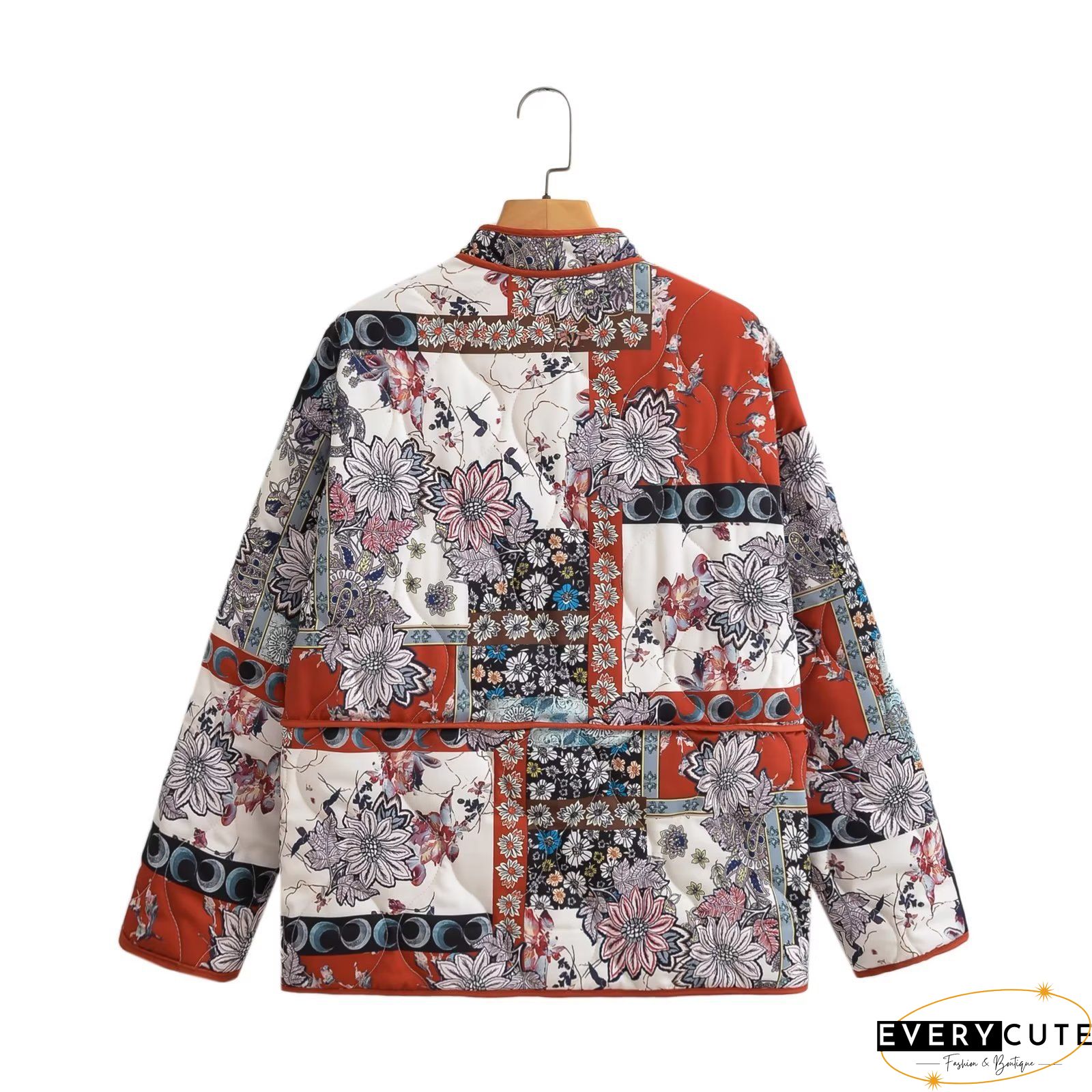 Sweet Print Floral Patchwork U Neck Outerwear