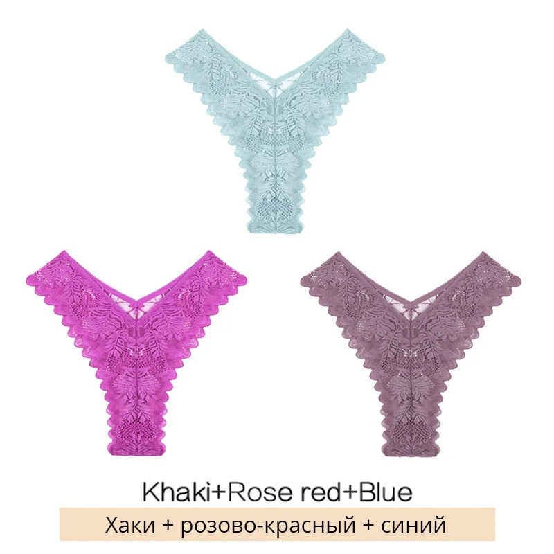FINETOO Sexy Low-Rise Lace Panties 3Pcs/set Women Floral Brazilian Underwear S-XL Girls T-back Underpants Ladies Lingerie 2021