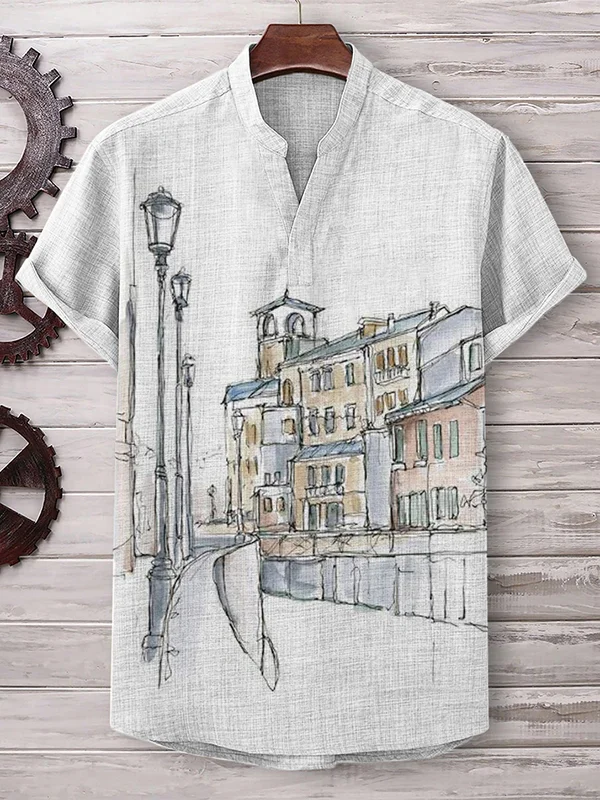 Men's City Architecture Street Lamp Sketch Art Print Linen Blend V Neck T-Shirt