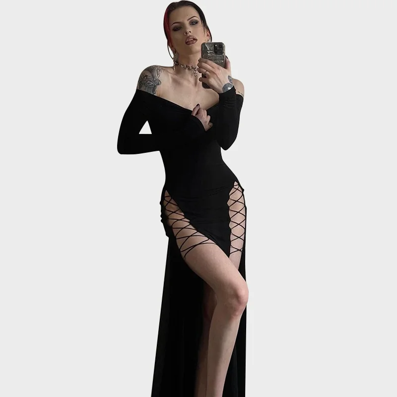 Gothic Elegant Spice Girl One Shoulder Split Tie Dress
