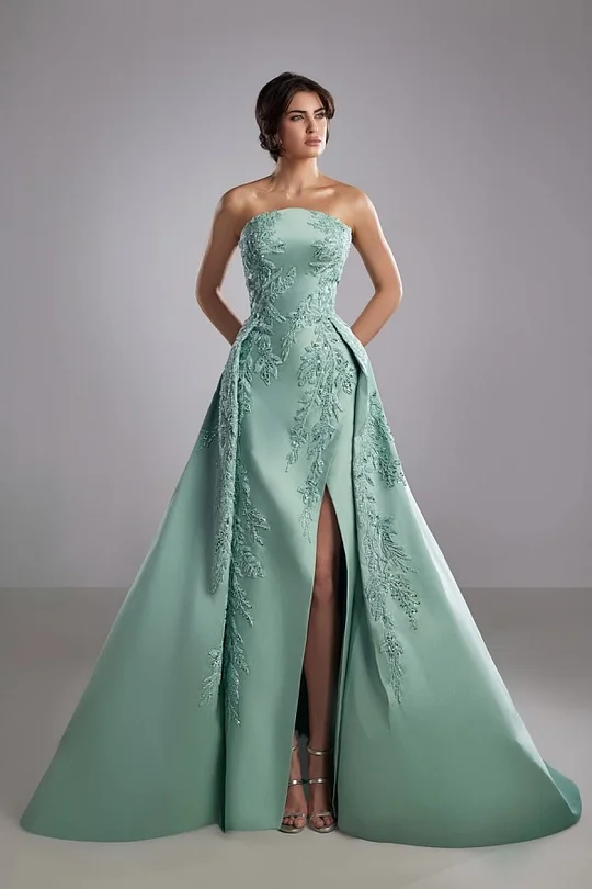 strapless mint green prom dress Mint Green Prom Dress Spaghetti Straps Pleated Sleeveless V-Neck Long main image 1