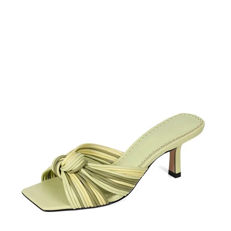 FSJ Light Green Square Toe Multi-Strap Knotted Mule Heels for Women |FSJ Shoes