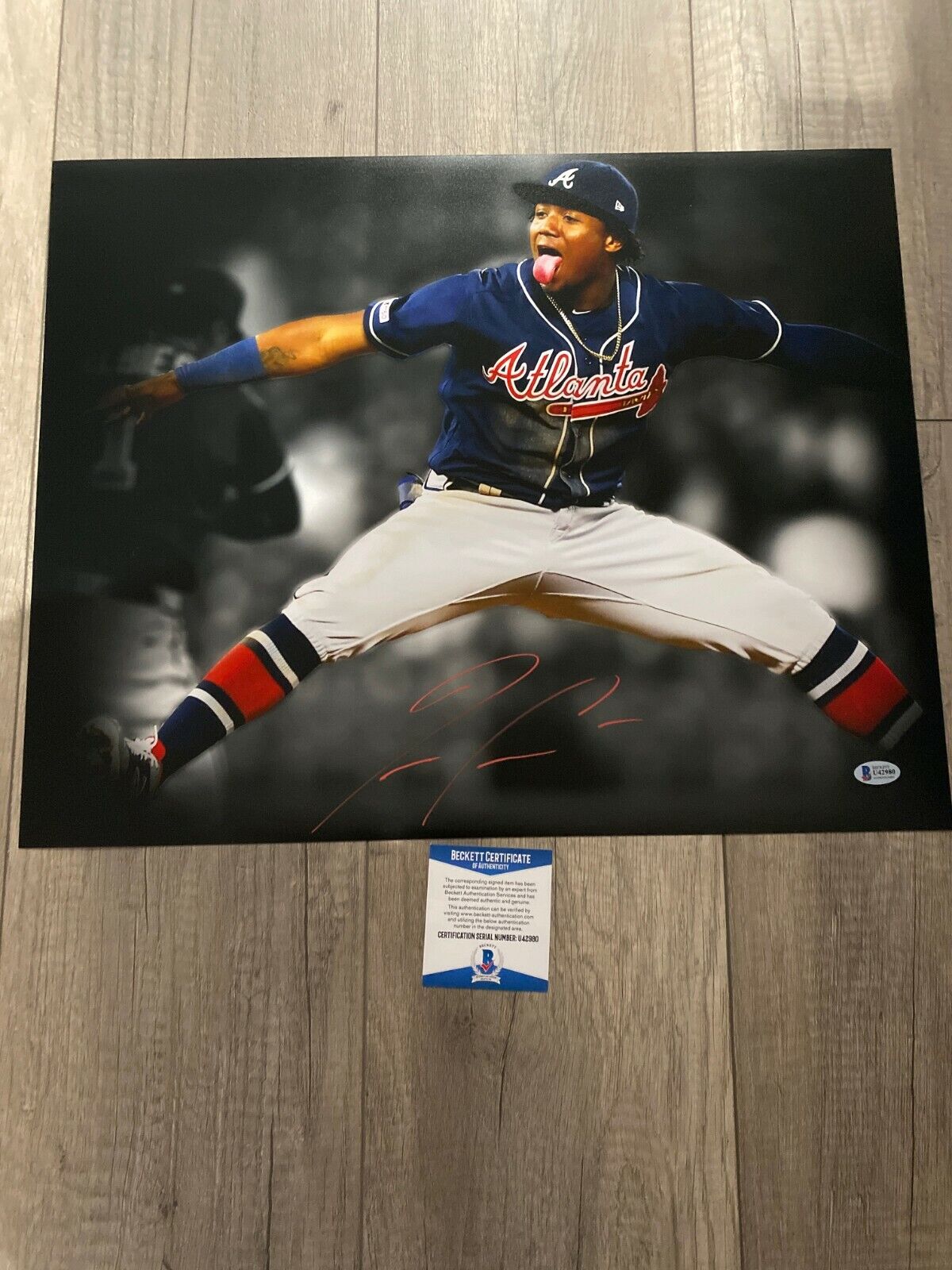 Ronald Acuna jr signed autographed 16 by 20 Photo Poster painting beckett bas cert rare roy