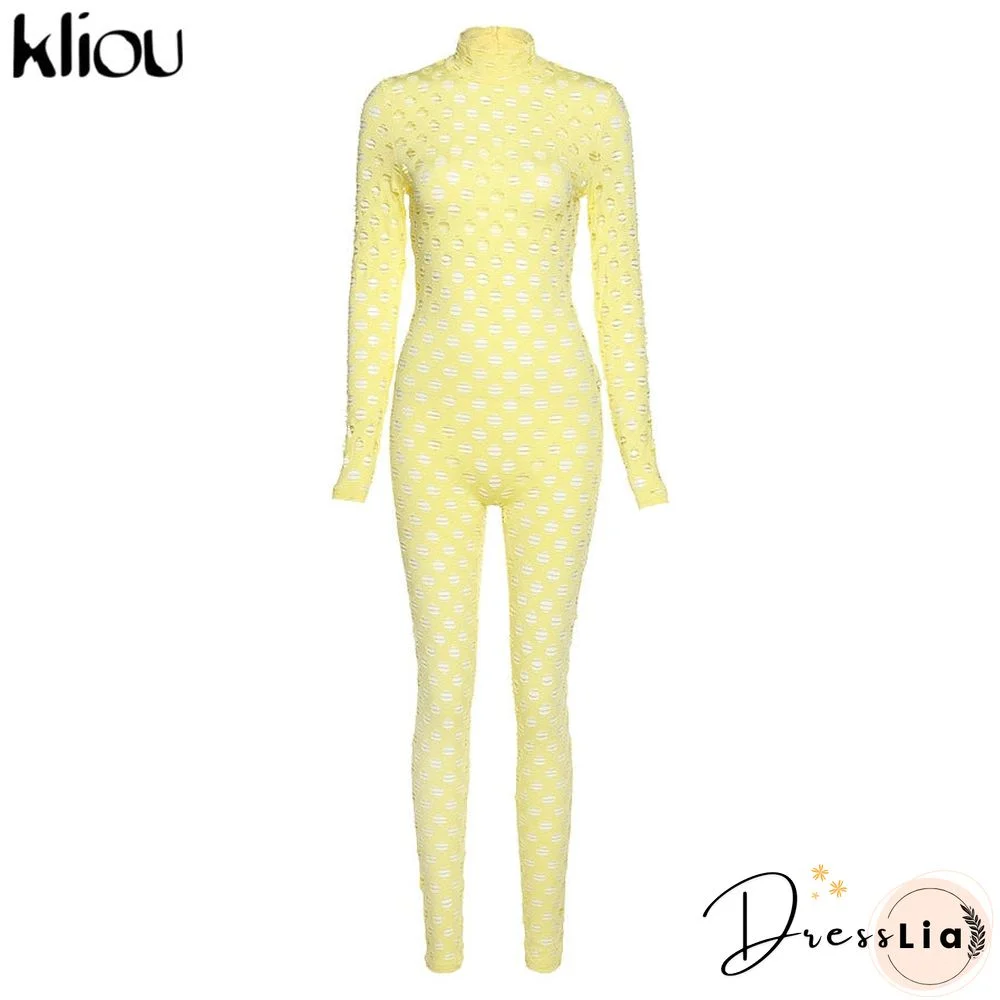 Kliou See Through Hollow Out Sexy Zipper Jumpsuit Women Turtleneck Net Plaid Hole Skinny Elastic Club Streetwear Rompers
