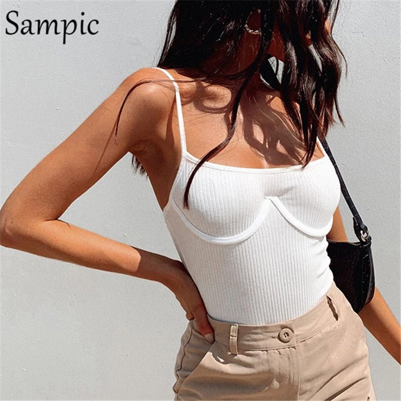 Sampic Summer Spaghetti Strap Body Top 2020 Casual White Knitted Bodysuit Women Skinny Backless Club Sexy Bodysuit