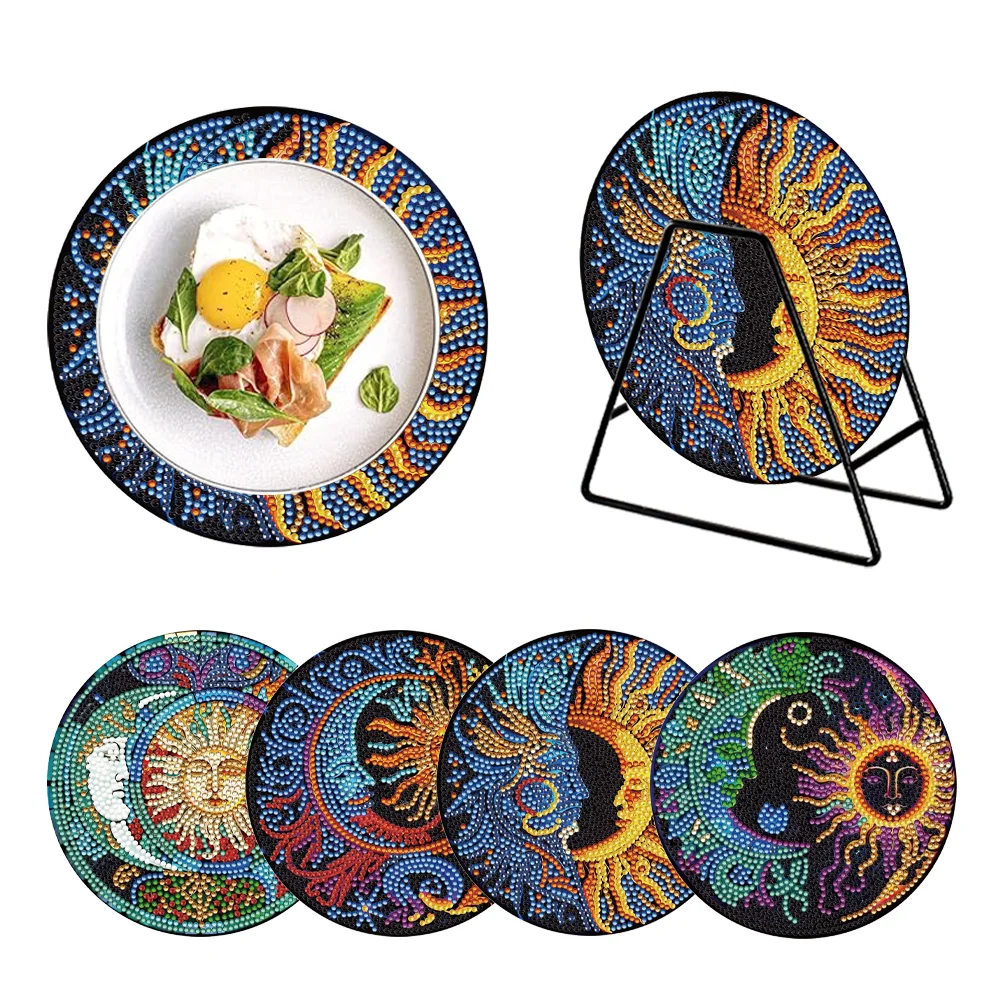 4 PCS DIY Sun and Moon Wooden Diamond Painted Placemats with Holder