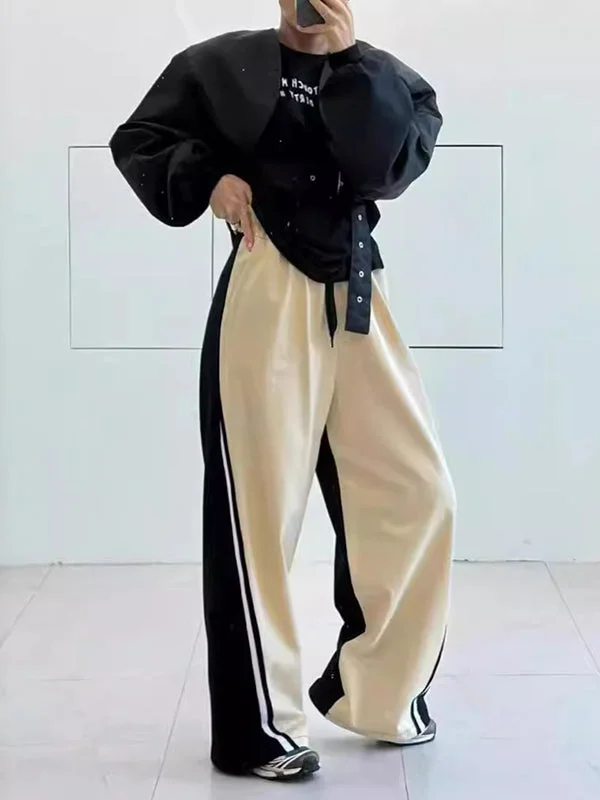 Sports Green Drawstring Elasticity High Waisted Pockets Patchwork Contrast Color Pants