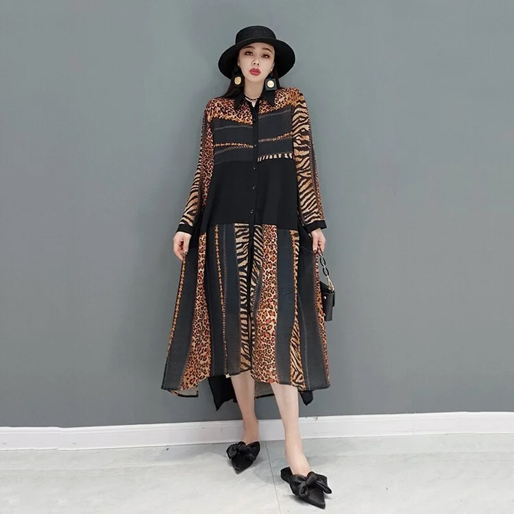   Vogue Leopard And Tiger Stripes Print Contrast Color Splicing Single Breasted Shirt Dress