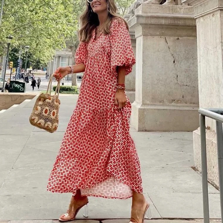 Women's Elegant Puff Sleeve Floral Boho Maxi Dress