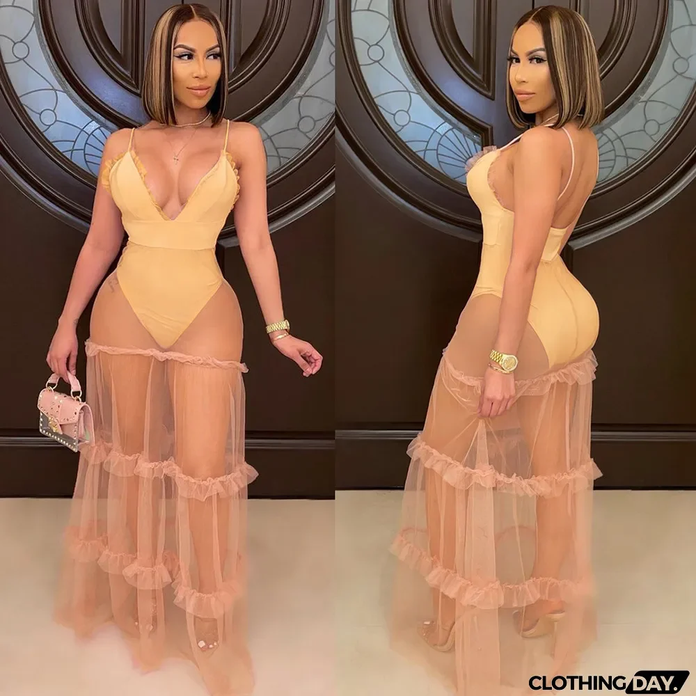 V-neck Solid Color Suspender Dress With Mesh Stitching Wood Ears