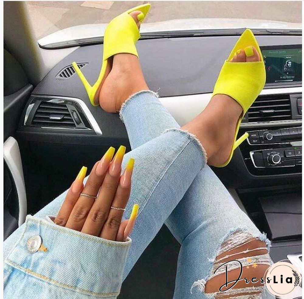 Woman Fluorescent Green Mules Slip On Sandals Peep Toe Slides High Heel Slippers