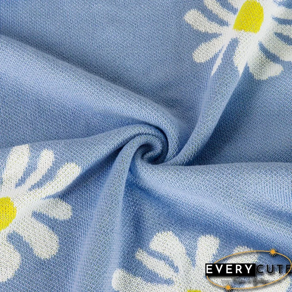 Light Blue Daisy Print Loose Style Knit Cardigan
