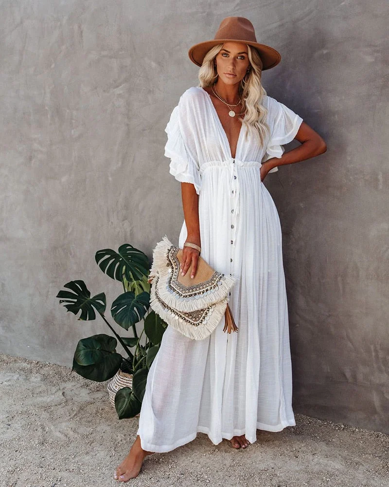 Fitshinling Bohemian Deep V Neck White Long Dress Backless Ruffles Button Up Pareos Beach Cover Up Holiday Sexy Slim Maxi Robe