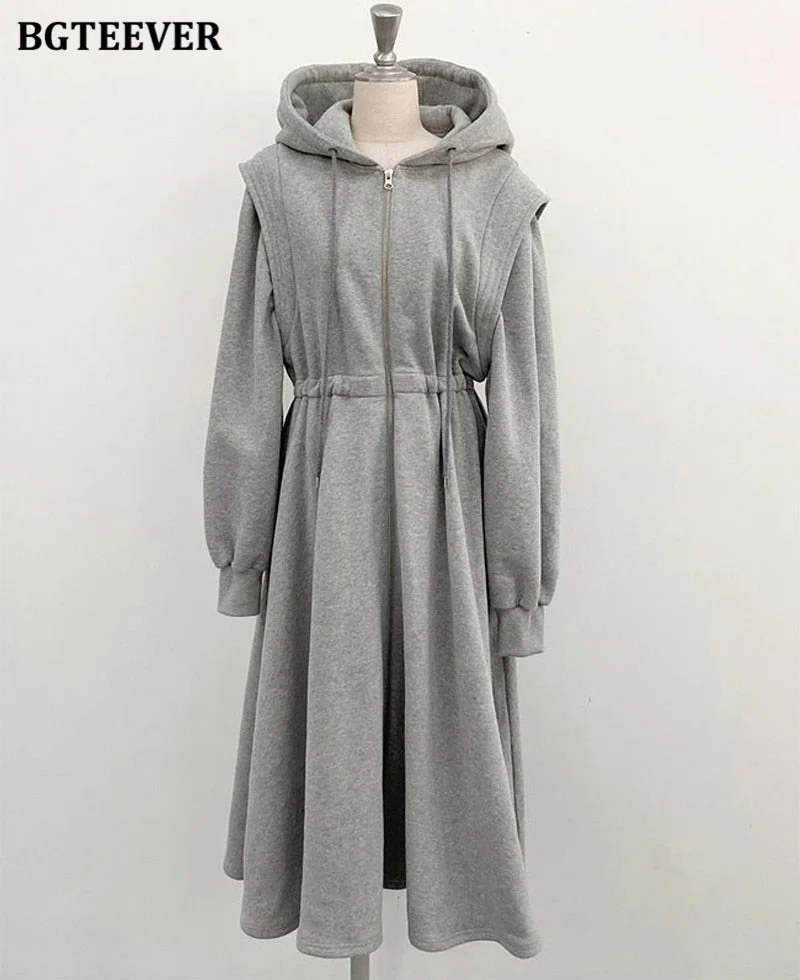 BGTEEVER Chic Zippers Women Hooded Sweatshirt Midi Dress Casual Elastic Waist Long Sleeve Female A-line Dress 2021 Spring
