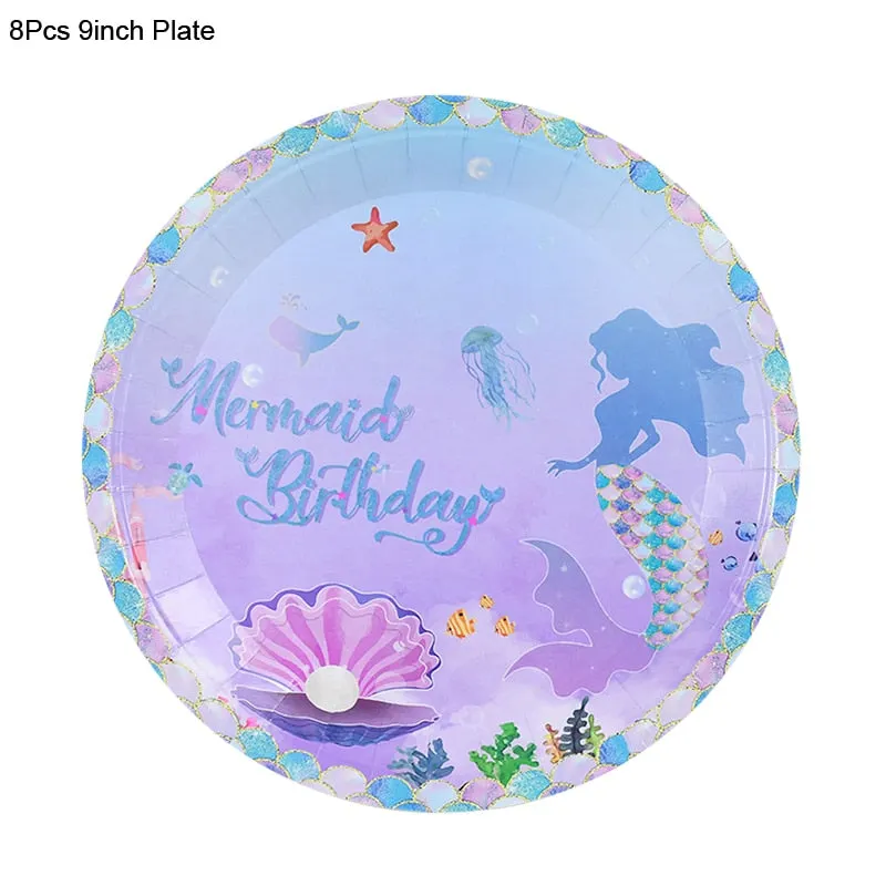 Mermaid Birthday Party Disposable Tableware Set Under The Sea Party Little Mermaid Girls 1st Birthday Decoration Shell Balloons