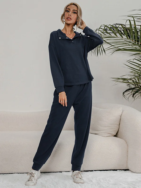 Casual Minimalist 3 Colors High-Neck Long Sleeves Sweatshirt Top&Roomy Pants 2 Pieces Set