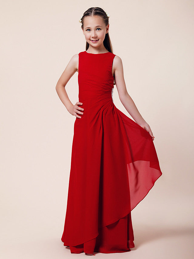 A-Line / Sheath / Column Bateau Neck Floor Length Chiffon Junior Bridesmaid Dress With Beading / Side Draping / Spring / Summer / Fall / Winter / Wedding Party