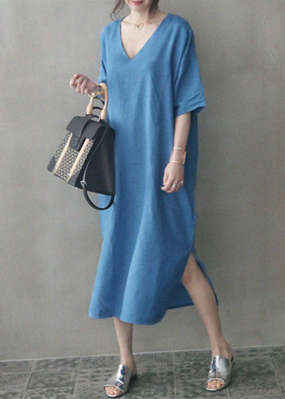 Chic Blue V Neck Patchwork Side Open Linen Maxi Dress Summer