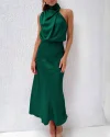 Long Formal Satin Dress Mock Neck High Neck Evening Dress
