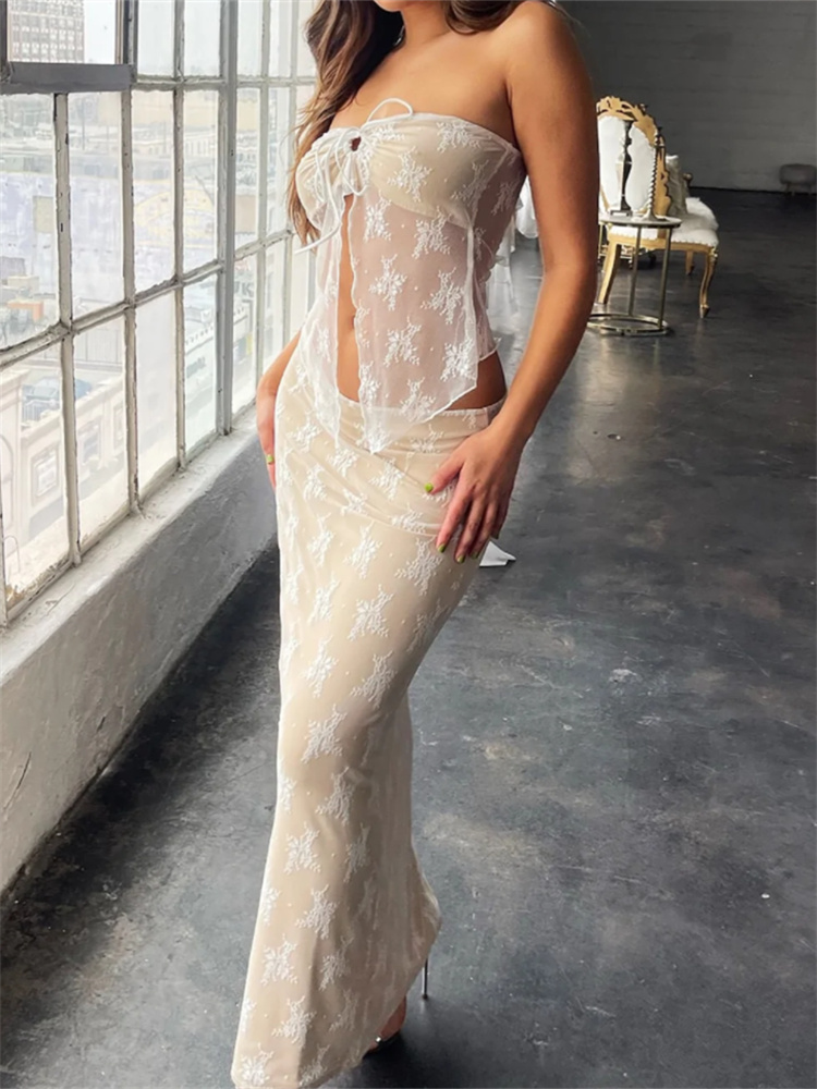 Toss Lace Embroidery Maxi Skirts Summer Casual Low Waist Double-Layer Mesh Slim Y2k Long Skirts For Women 2025 White Skirt Set
