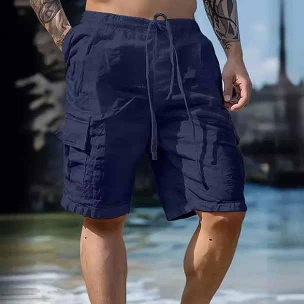  Men's Casual White Cargo Shorts with Adjustable Drawstring for Summer Beachwear