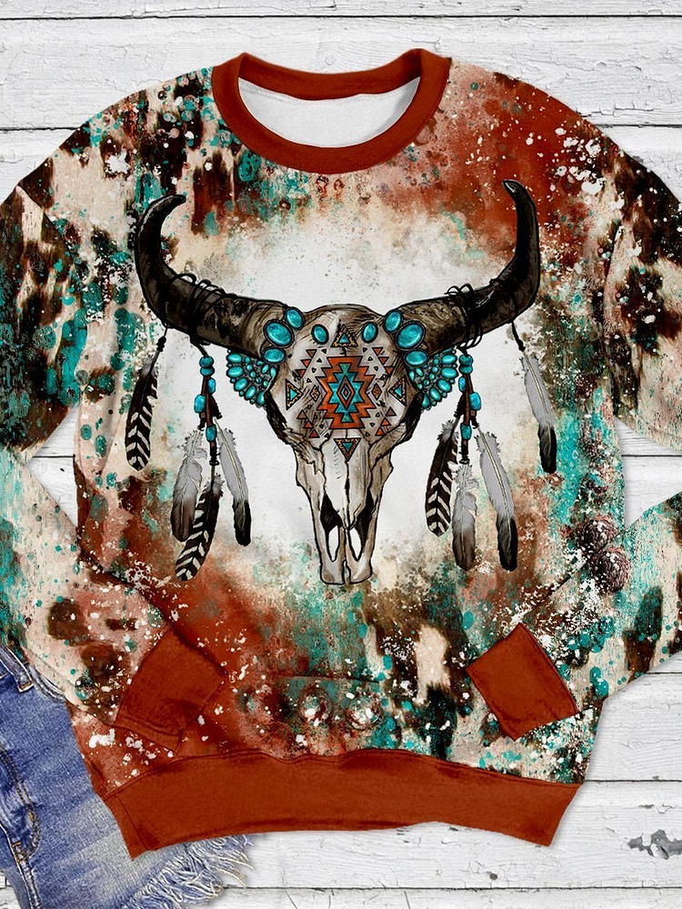Bull Skull With Gemstone Cowhide Print Long Sleeve Sweatshirt