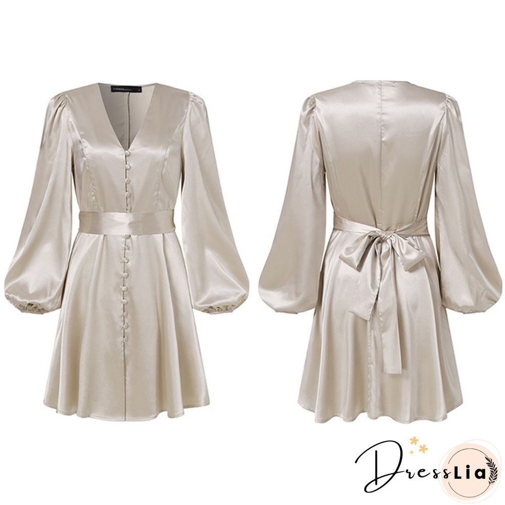 Women Solid Color Stain V Neck Puff Long Sleeve Cocktail Dress Casual Fashion Party Belted Midi Dress Plus Size Kleid