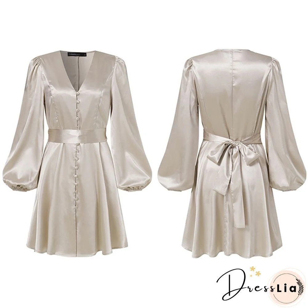 Women Solid Color Stain V Neck Puff Long Sleeve Cocktail Dress Casual Fashion Party Belted Midi Dress Plus Size Kleid