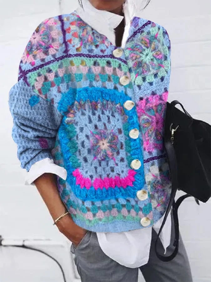 Women's Retro Faux Wool Printed Casual Loose Button Flannel Cardigan