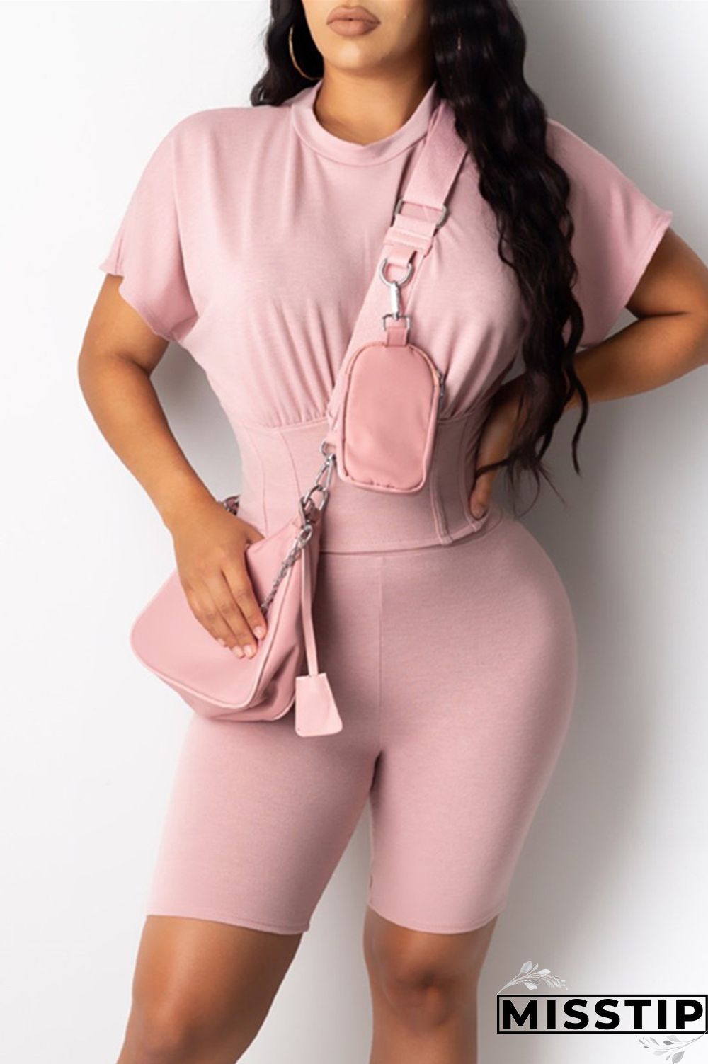 Light Blue Fashion Casual Solid Basic O Neck Short Sleeve Two Pieces