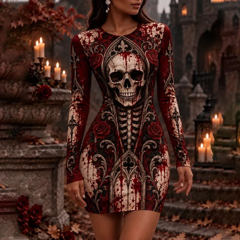 Comstylish Women's Halloween Skull Rose Blood Stain Castle Print Bodycon Long Sleeve Dress