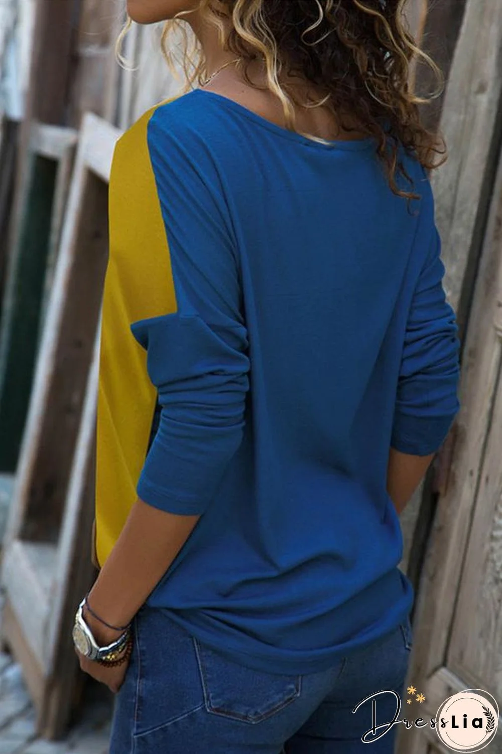 Splice Color Long Sleeve Contracted Style Blouse