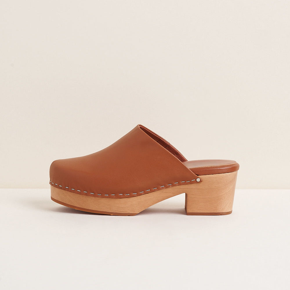Brown Vegan Leather Round Toe Block Heel Platform Mules Nicepairs