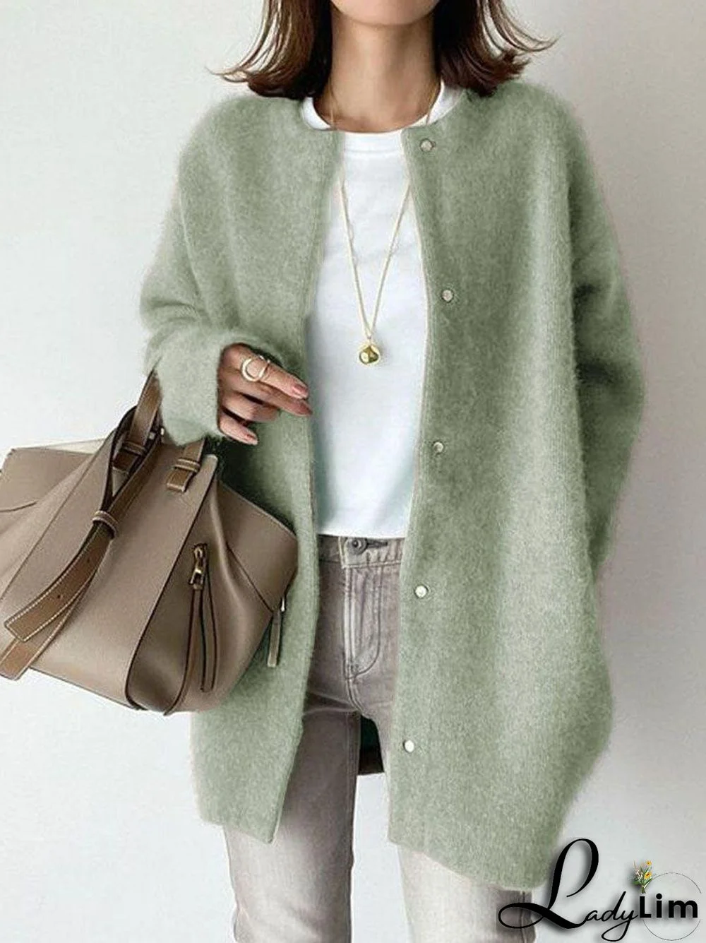 Women's Knitted Solid Color V-neck Long Sleeve Coat