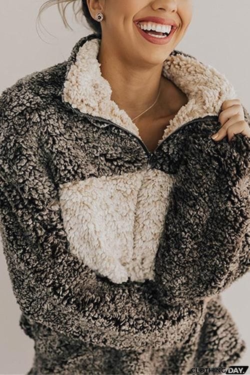 Pockets Zipper Fuzzy Hoodie