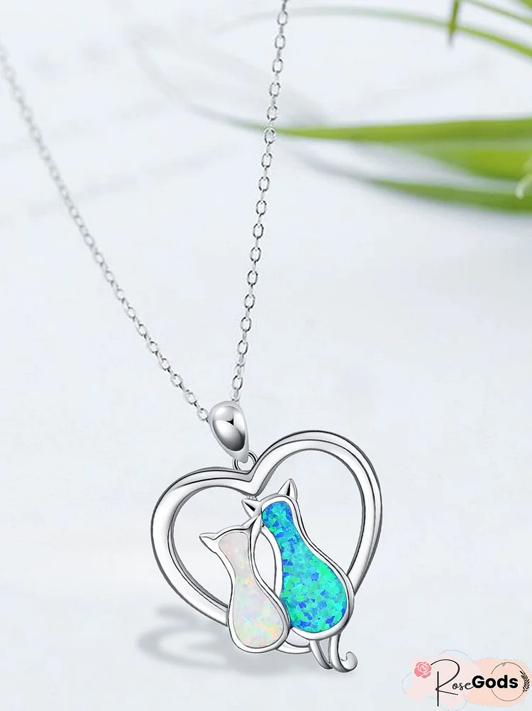 Contrast Color Opal Cat Heart Necklace Everyday Matching Pendant