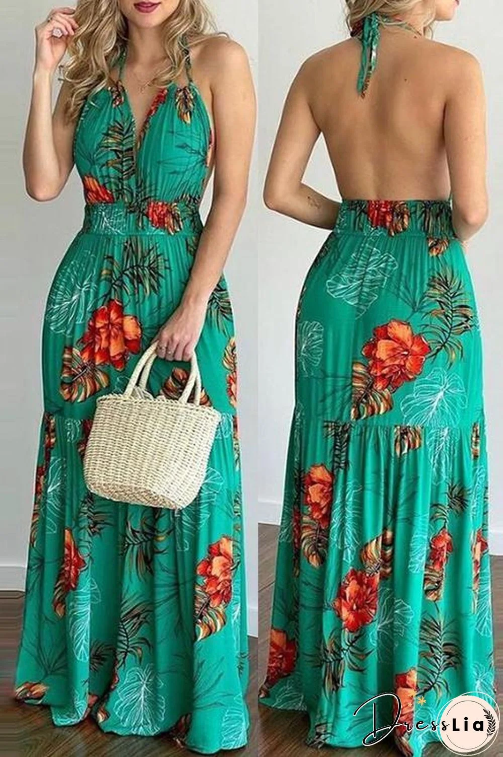 Floral Print Backless Slip Maxi Dress