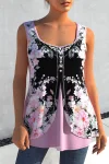 Plus Size Floral Print Decorative Button Faux Two Piece Tank Top