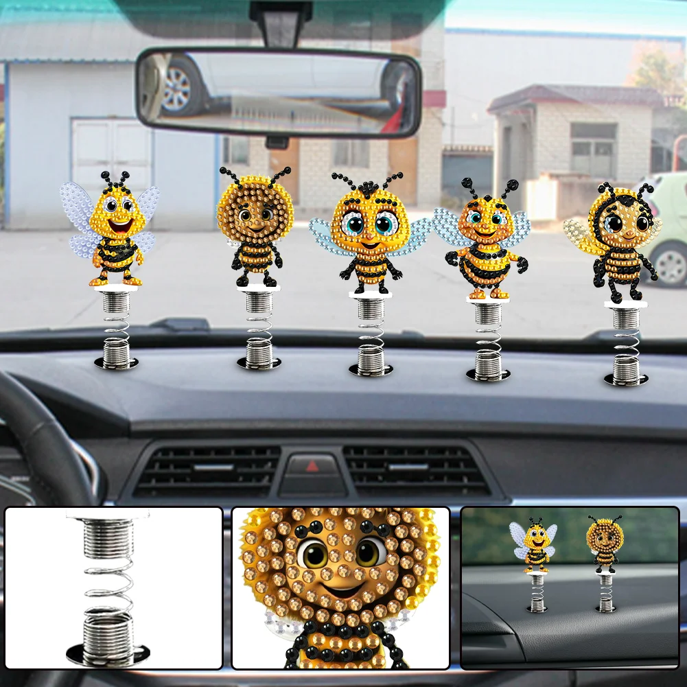 5Pcs Bee Diamond Painting Car Dashboard Shake Head Doll Spring Stand Doll