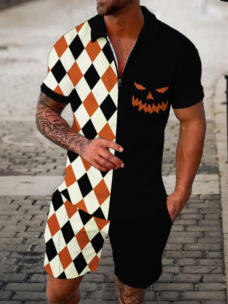 Men's Halloween Pumpkin Face Diamond Pattern Contrast Polo Shirt & Shorts Co-Ord