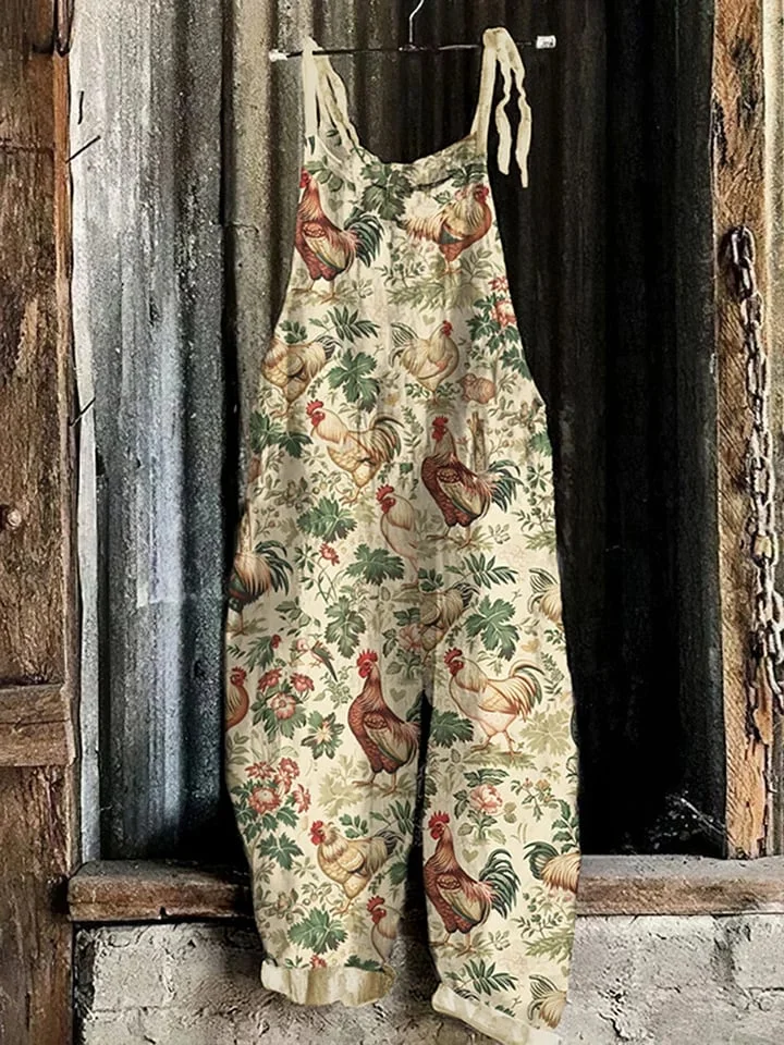 Women's Farm Chicken Print Linen Blend Casual Jumpsuit