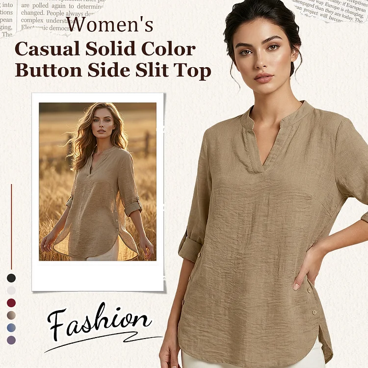 Top casual a tinta unita con bottoni e spacco laterale