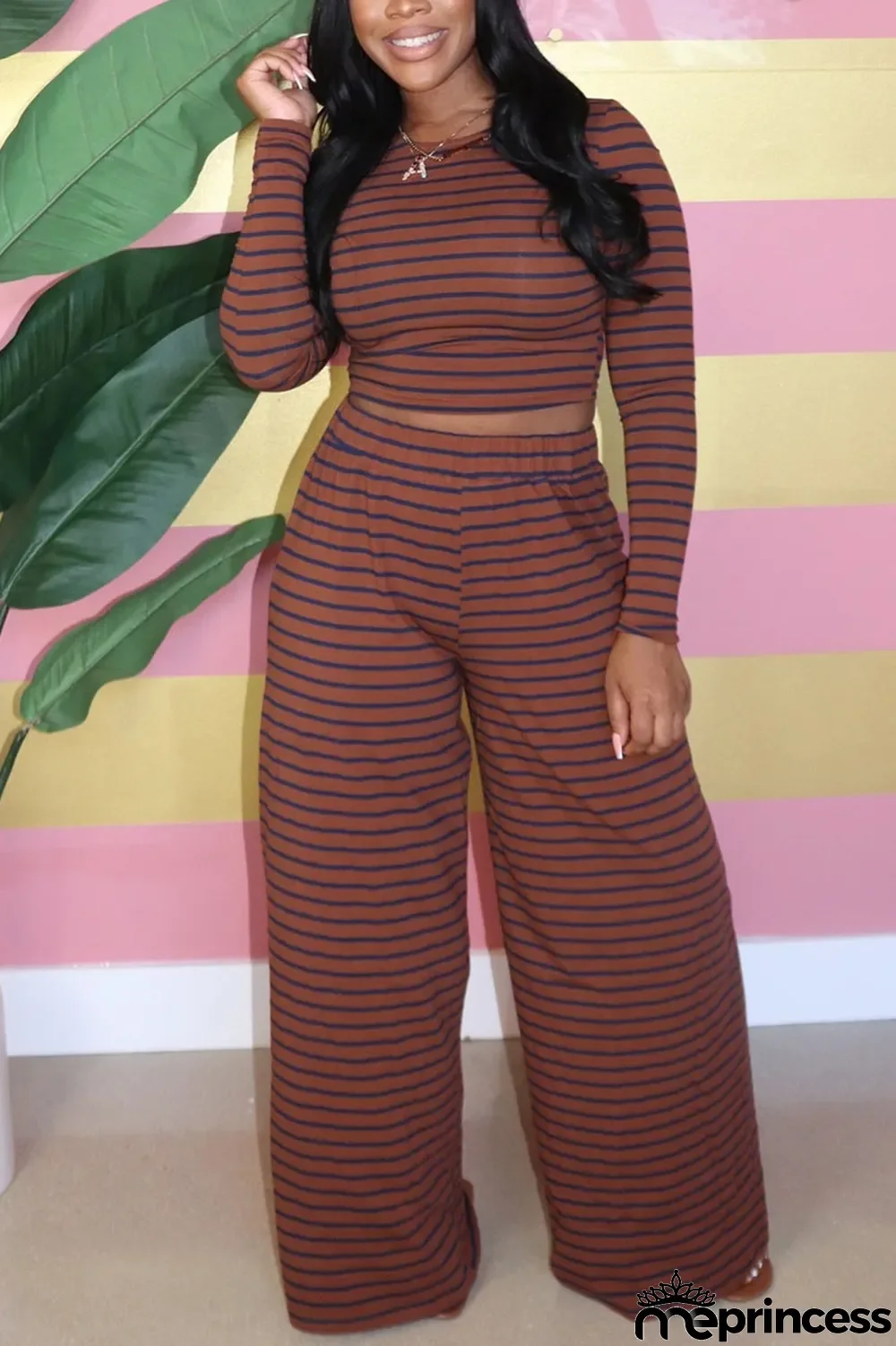 Coffee Casual Polyester Cotton Blends Striped Print Pullovers Pants O Neck Long Sleeve Regular Sleeve Short Two Pieces