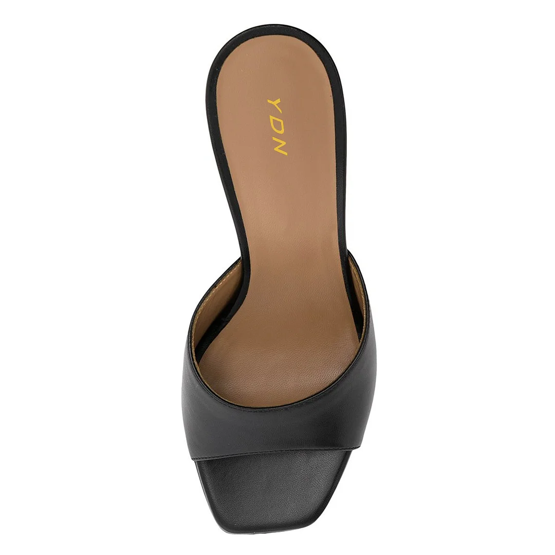 Women's Black Vegan Leather Wide Band Mules with Flared Heel