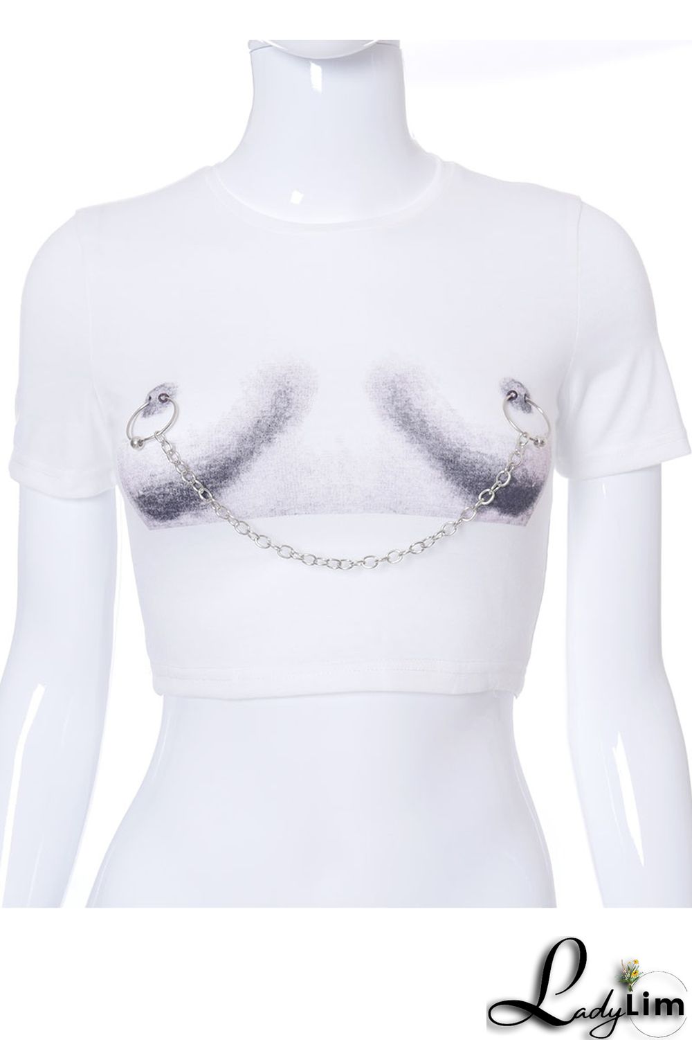 White Fashion Casual Print Patchwork Chains O Neck T-Shirts