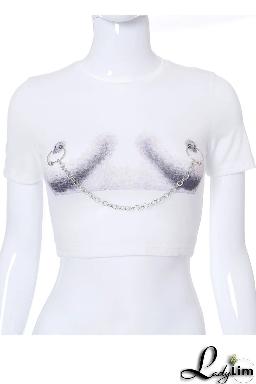 White Fashion Casual Print Patchwork Chains O Neck T-Shirts