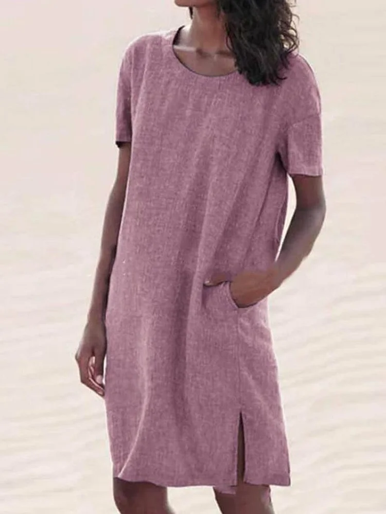 Casual Cotton And Linen Slit Dress