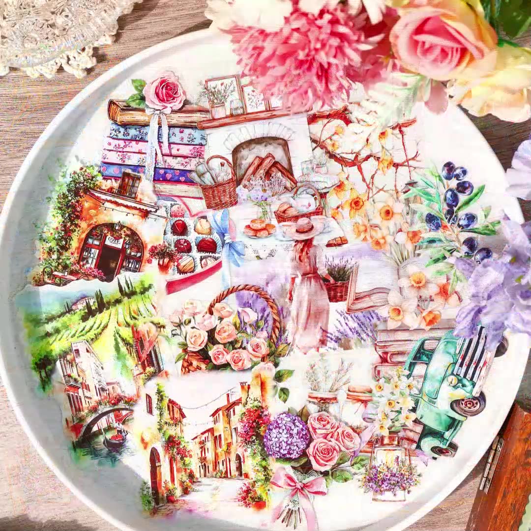 PET 스티커 - 작은 마을에서의 만남 시리즈 빈티지 꽃 식물 풍경