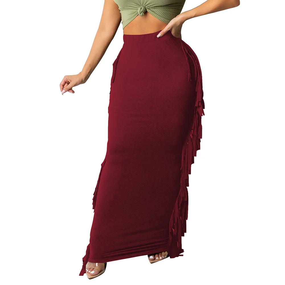 Wine Red Cotton Blend Sides Tassel Maxi Skirt