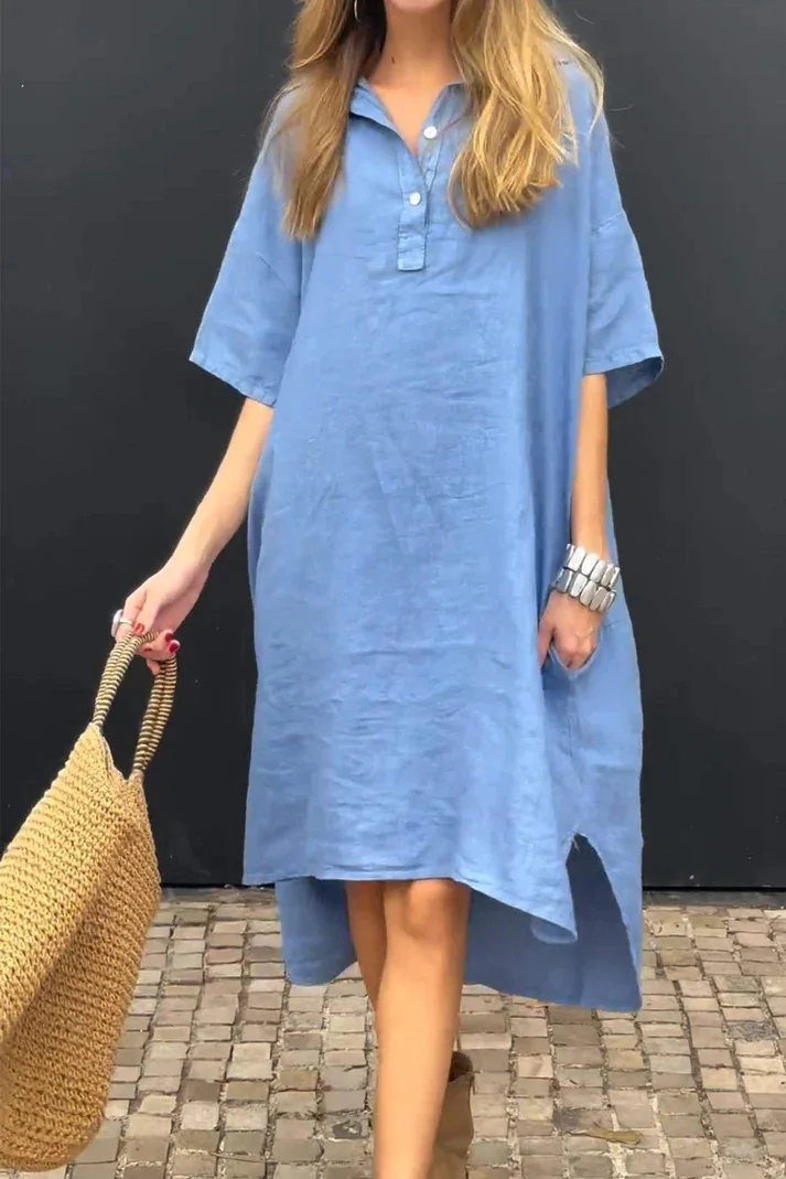 Women's Casual Summer Dress Lapel Short Sleeve Cotton Linen Loose Dress